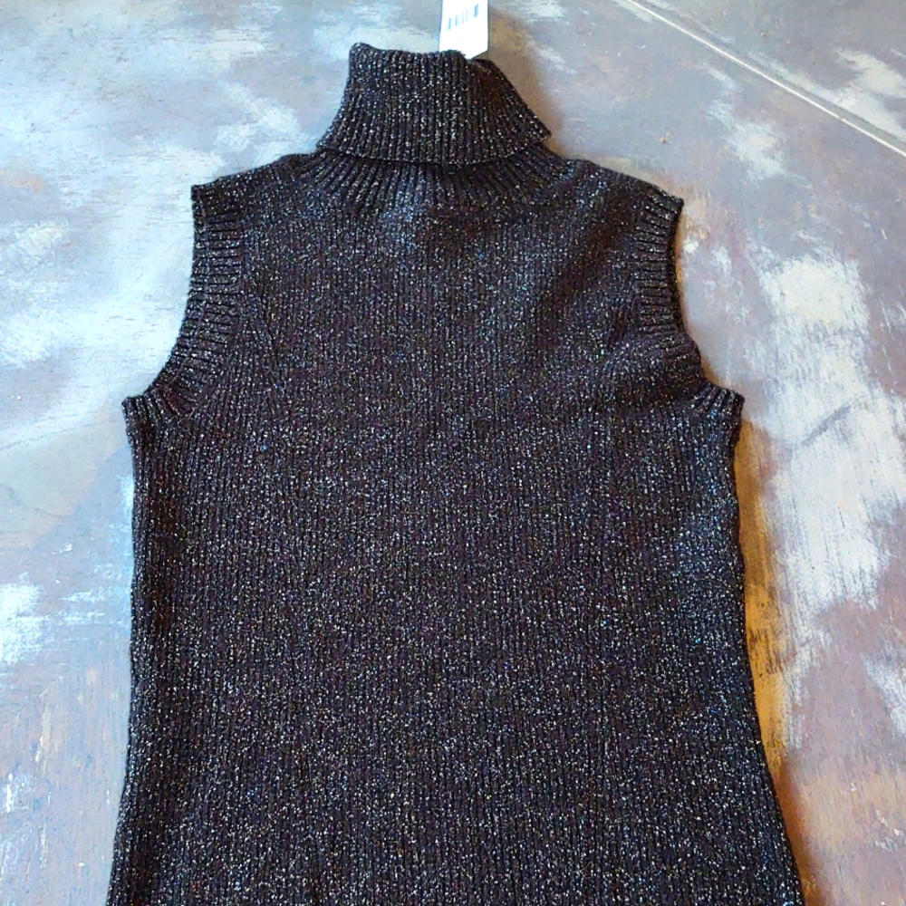 Raisey black and silver sleeveless knit top.  Polo neck Size L New with tags